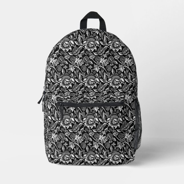 William Morris Sunflowers, Black, White and Gray Printed Backpack (Front)
