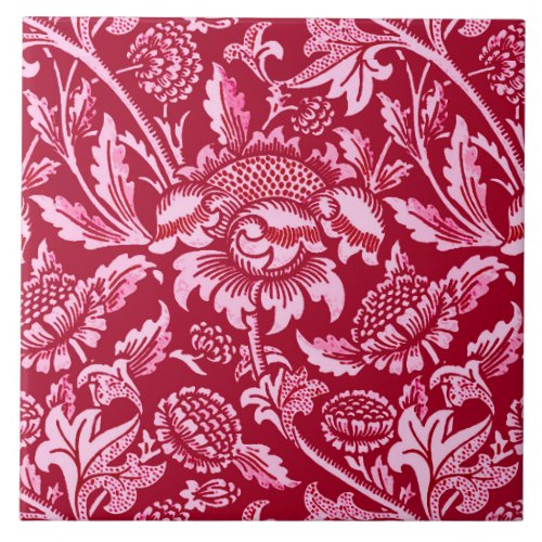 William Morris Sunflowers Burgundy and Pink  Ceramic Tile