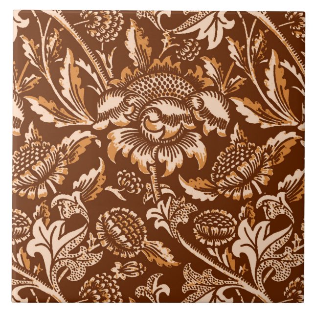 William Morris Sunflowers, Chocolate Brown & Beige Ceramic Tile (Front)