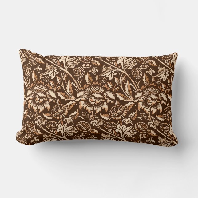 William Morris Sunflowers, Chocolate Brown & Beige Lumbar Pillow (Front)