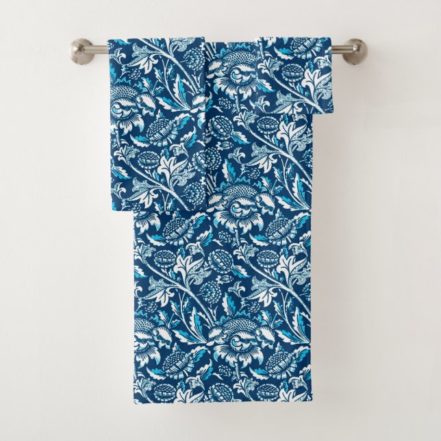 William Morris Sunflowers, Dark Blue and White Bath Towel Set (Insitu)