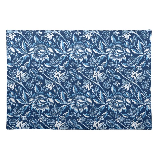William Morris Sunflowers, Dark Blue and White Cloth Placemat (Front)