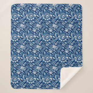 William Morris Sunflowers, Dark Blue and White Sherpa Blanket