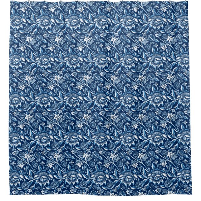 William Morris Sunflowers, Dark Blue and White Shower Curtain (Front)