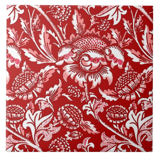 William Morris Sunflowers, Deep Red and White Ceramic Tile (Front)