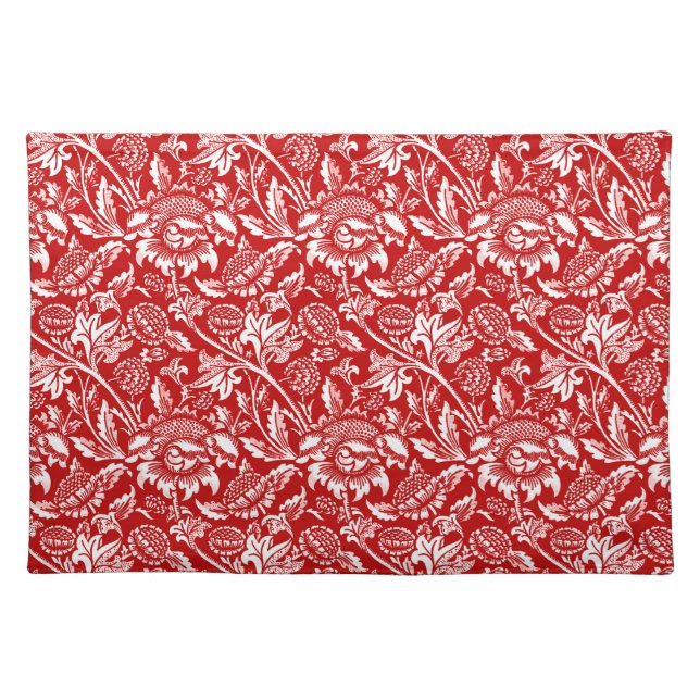 William Morris Sunflowers, Deep Red and White Cloth Placemat (Front)