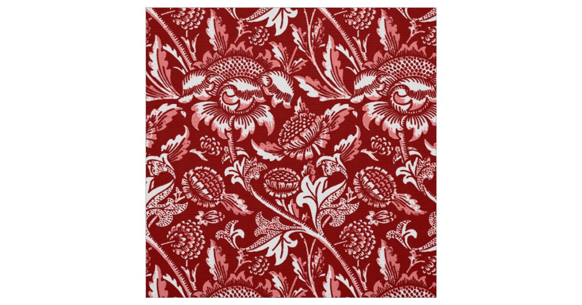William Morris Sunflowers, Deep Red and White Fabric | Zazzle