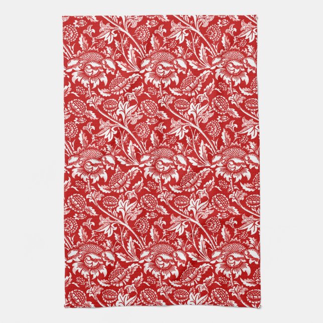William Morris Sunflowers,  Deep Red and White Kitchen Towel (Vertical)
