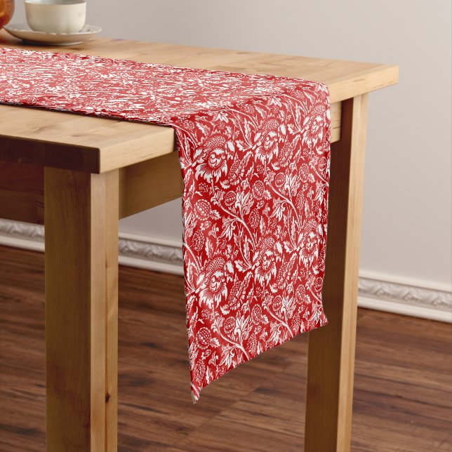 William Morris Sunflowers, Deep Red and White Short Table Runner (In Situ)