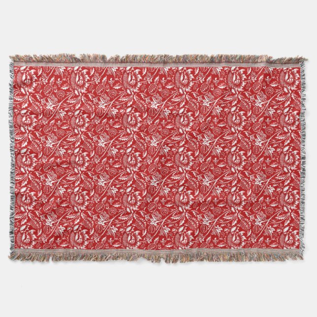 William Morris Sunflowers, Deep Red and White Throw Blanket (Front)