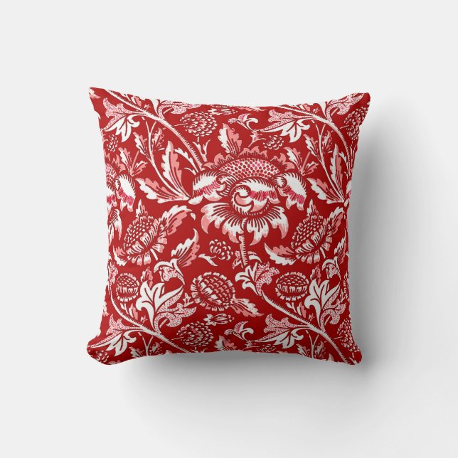 William Morris Sunflowers, Deep Red and White Throw Pillow (Front)