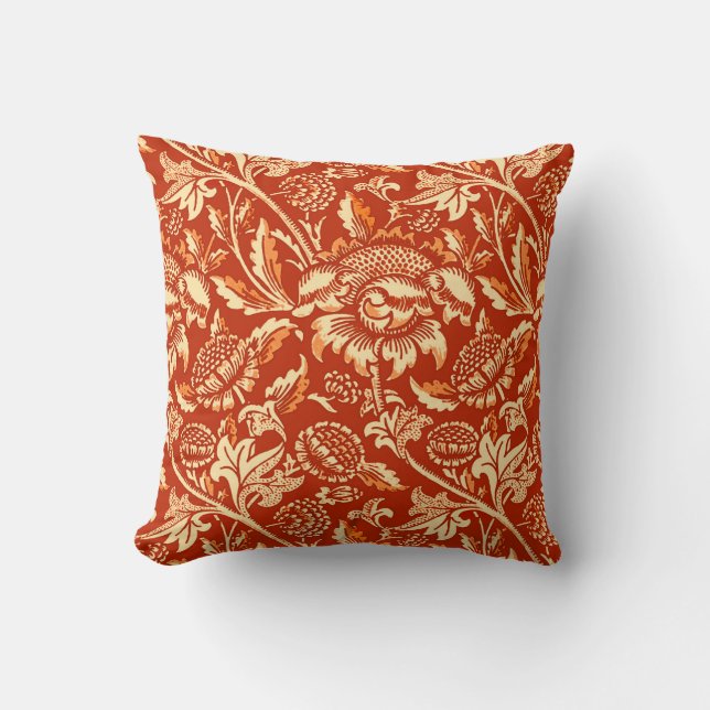 William Morris Sunflowers, Mandarin Orange Throw Pillow (Front)