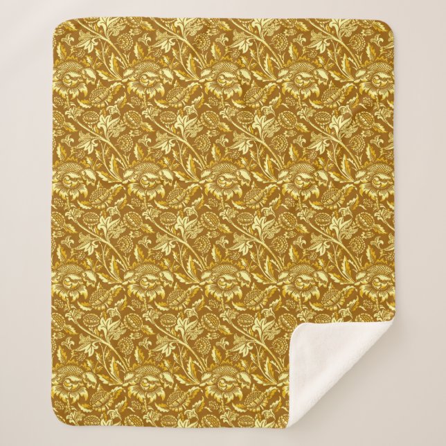 William Morris Sunflowers, Mustard Gold & Yellow Sherpa Blanket (Front)