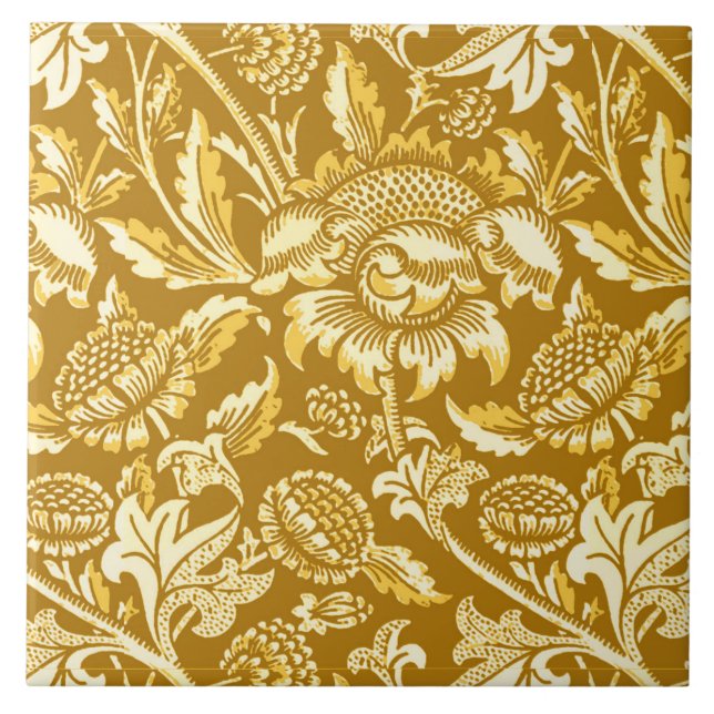 William Morris Sunflowers, Mustard Yellow / Gold Ceramic Tile (Front)