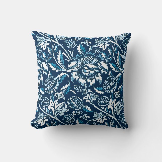 William Morris Sunflowers, Navy Blue and White Throw Pillow (Front)