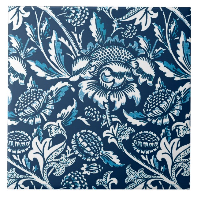 William Morris Sunflowers, Navy Blue and White Tile (Front)