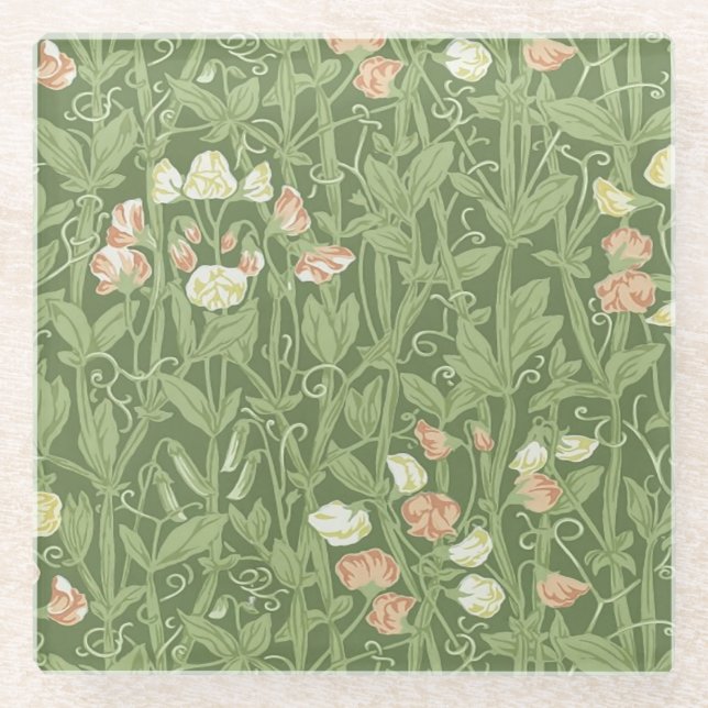 William Morris Sweet Pea Floral Design Glass Coaster (Front)