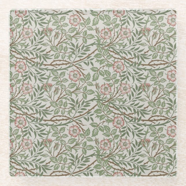 William Morris Sweetbriar Floral Art Nouveau Glass Coaster (Front)