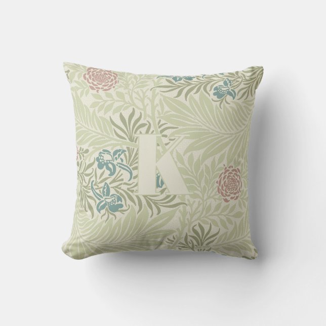William Morris Teal Blue & Pink Larkspur Pattern Throw Pillow (Front)