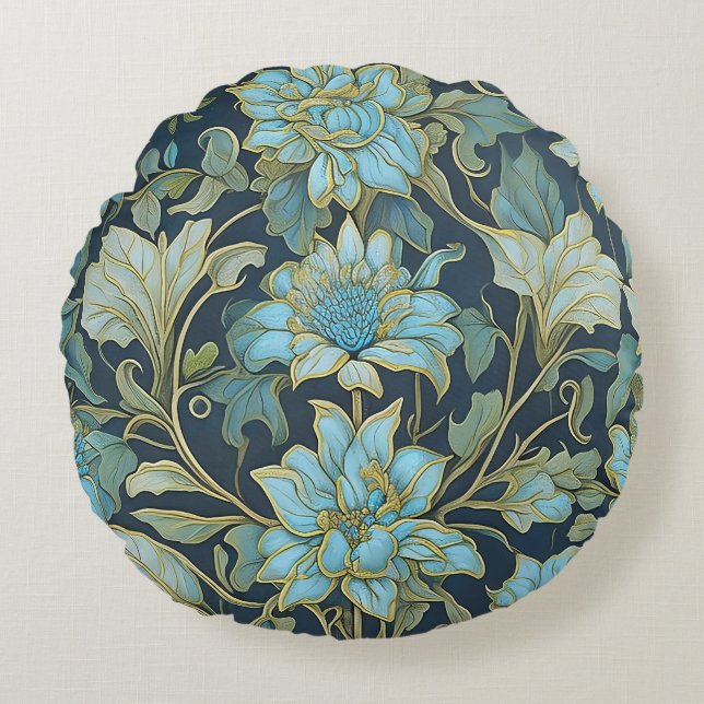 William Morris Teal Flowers Round Pillow (Front)