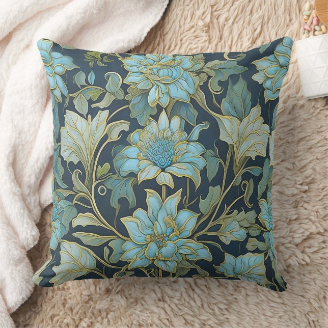 William Morris Teal Flowers  Throw Pillow (Blanket)