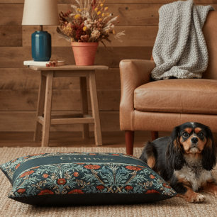 William Morris Teal Red Arts Crafts Floral Name Pet Bed