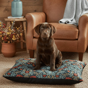William Morris Teal Red Arts Crafts Floral Pet Bed