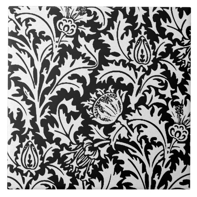 William Morris Thistle Damask, Black and White Ceramic Tile (Front)