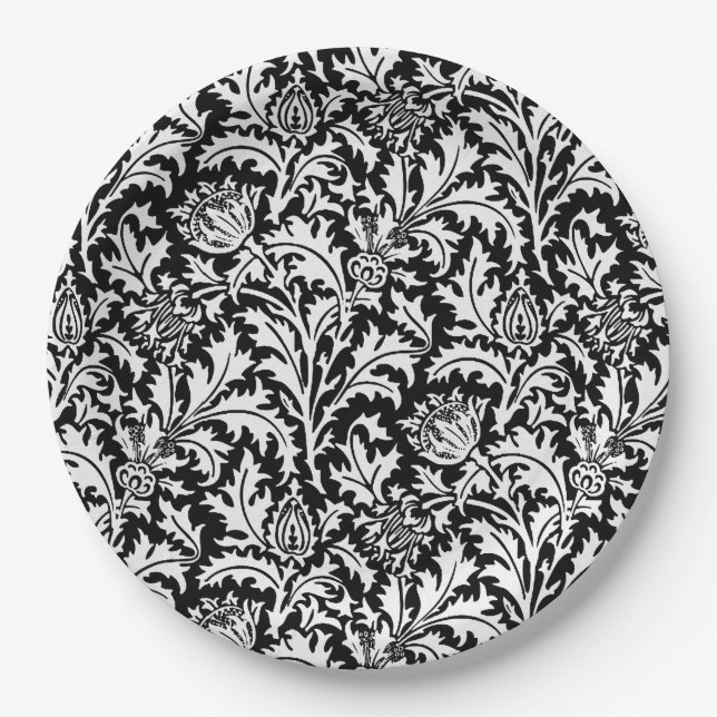 William Morris Thistle Damask, Black and White   Paper Plates (Front)