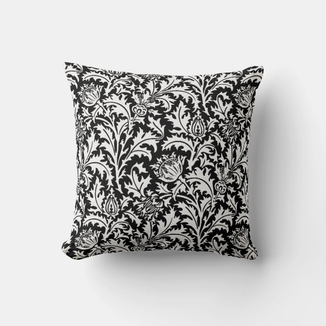 William Morris Thistle Damask, Black and White Throw Pillow (Front)