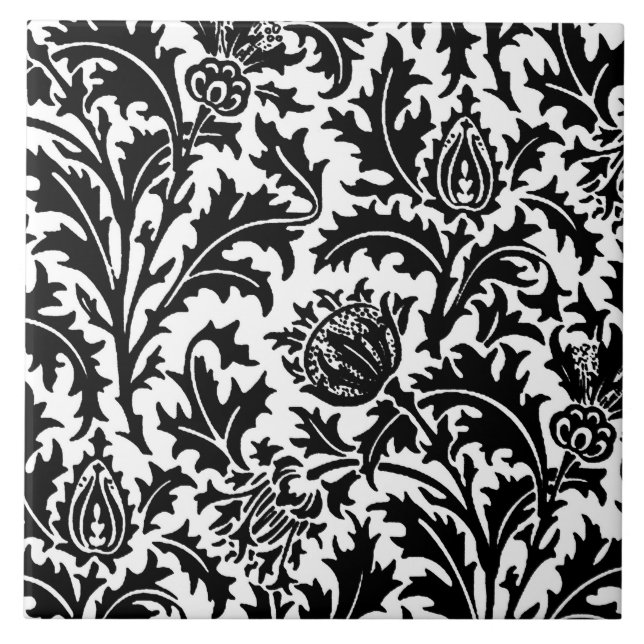 William Morris Thistle Damask, Black on White   Ceramic Tile (Front)
