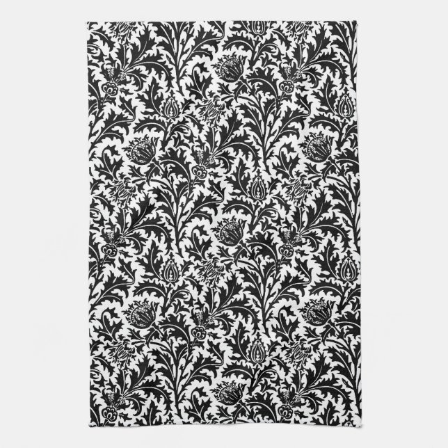 William Morris Thistle Damask, Black on White   Kitchen Towel (Vertical)