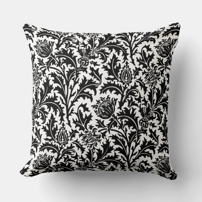 William Morris Thistle Damask, Black on White   Throw Pillow (Front)