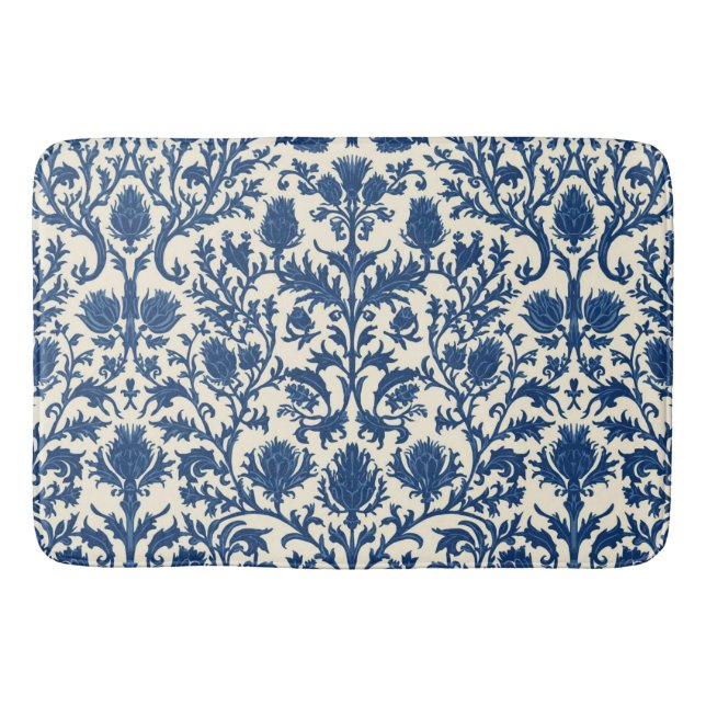 William Morris Thistle damask Cobalt Blue & White Bath Mat (Front)