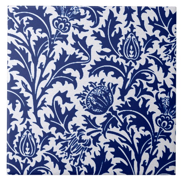 William Morris Thistle Damask, Cobalt Blue & White Ceramic Tile | Zazzle