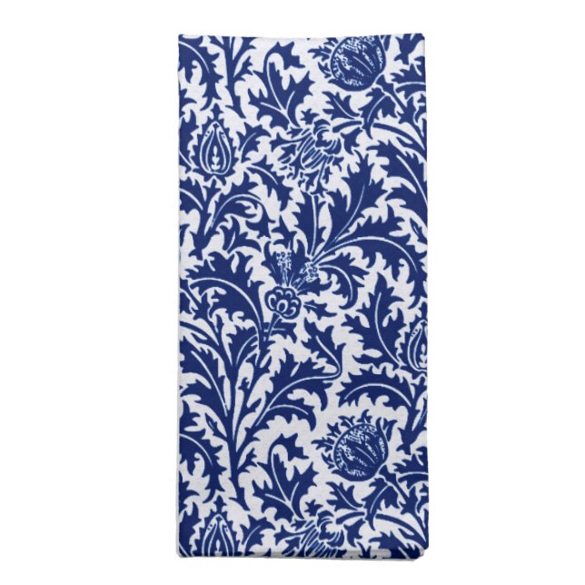 William Morris Thistle Damask, Cobalt Blue & White Cloth Napkin (Folded)