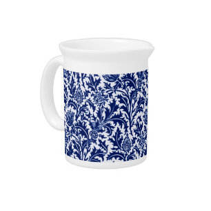 William Morris Thistle Damask, Cobalt Blue & White Drink Pitcher