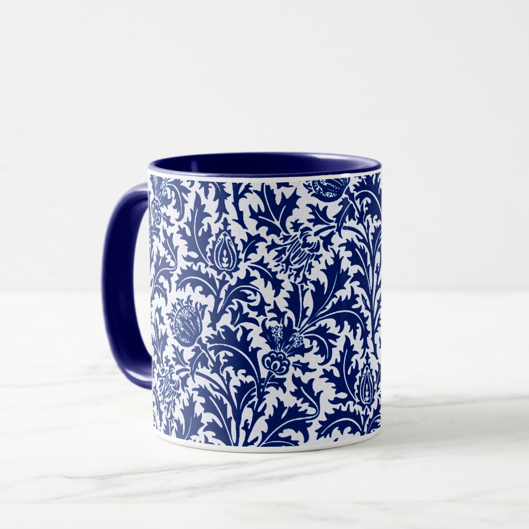 William Morris Thistle Damask, Cobalt Blue & White Mug | Zazzle