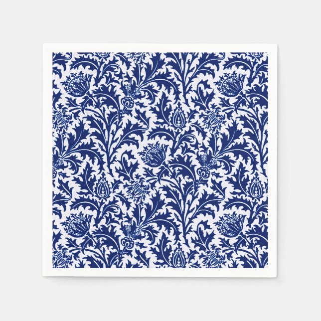 William Morris Thistle Damask, Cobalt Blue & White Napkins (Front)