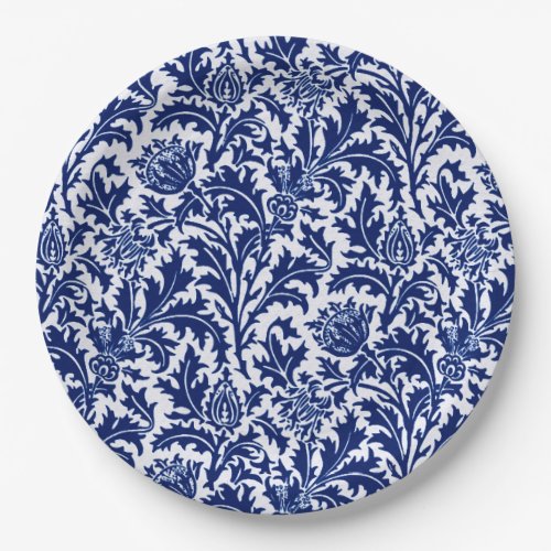 William Morris Thistle Damask Cobalt Blue  White Paper Plates