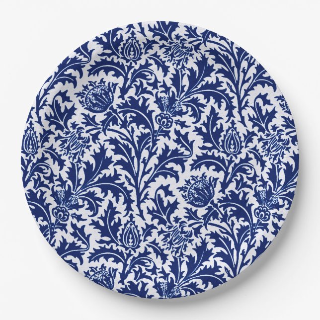 William Morris Thistle Damask, Cobalt Blue & White Paper Plates (Front)