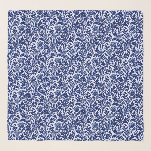 William Morris Thistle Damask, Cobalt Blue & White Scarf (Front)