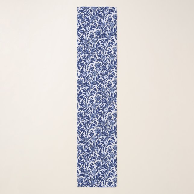 William Morris Thistle Damask, Cobalt Blue & White Scarf (Front)