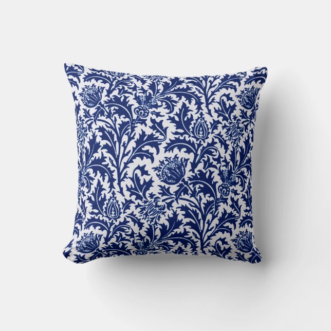 William Morris Thistle Damask, Cobalt Blue & White Throw Pillow (Front)