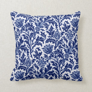 William Morris Thistle Damask, Cobalt Blue & White Throw Pillow