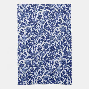 William Morris Thistle Damask, Cobalt Blue & White Towel