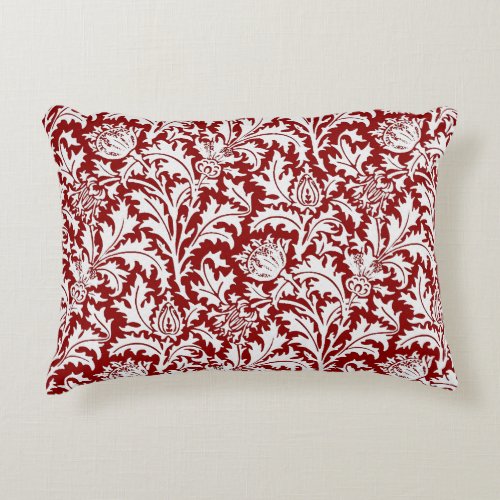 William Morris Thistle Damask Dark Red  White Accent Pillow