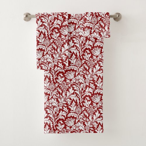 William Morris Thistle Damask Dark Red  White Bath Towel Set