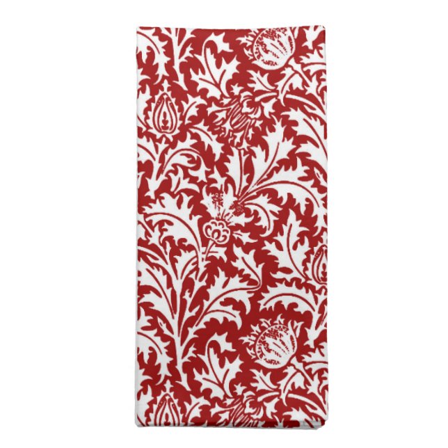 William Morris Thistle Damask, Dark Red & White Cloth Napkin (Folded)