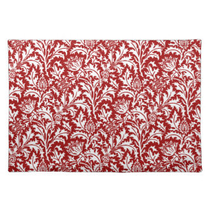 William Morris Thistle Damask, Dark Red & White Cloth Placemat